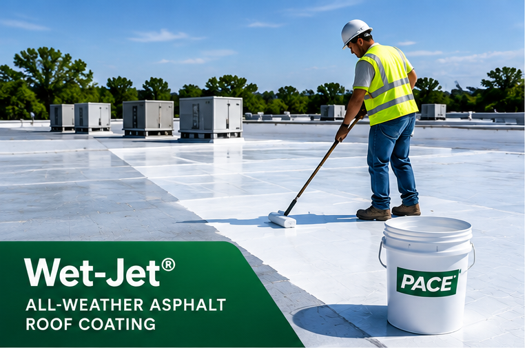 Wet-Jet all-weather asphalt roof coating application